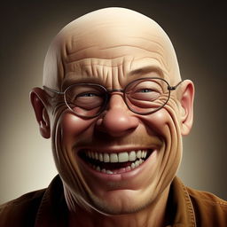 Amplify Walter White's smile to the extreme: a wildly exaggerated, ear-to-ear grin reminiscent of cartoon characters'