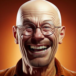 Amplify Walter White's smile to the extreme: a wildly exaggerated, ear-to-ear grin reminiscent of cartoon characters'