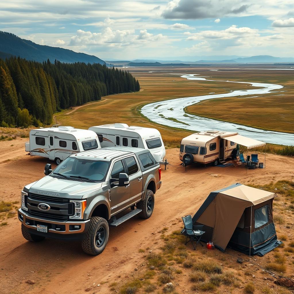 A powerful off-road truck resembling a Ford, towing a caravan in a picturesque landscape featuring a vast plain