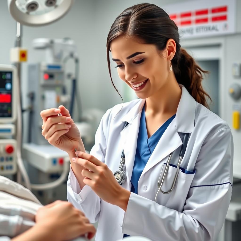 A skilled medical staff nurse dressed in professional scrubs and a lab coat, confidently assisting a patient in an emergency room setting