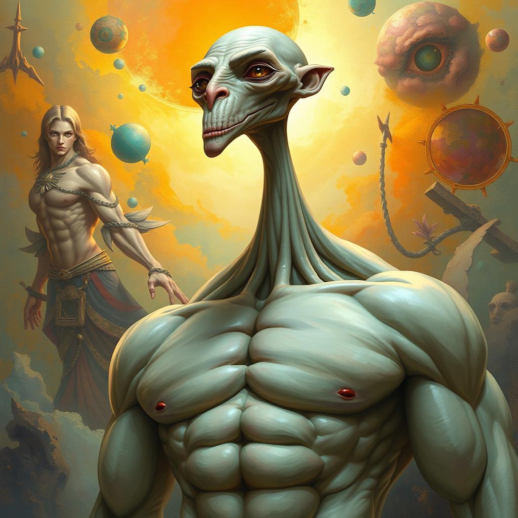 A surreal character featuring a thin face with an elongated neck, and an oversized muscular body