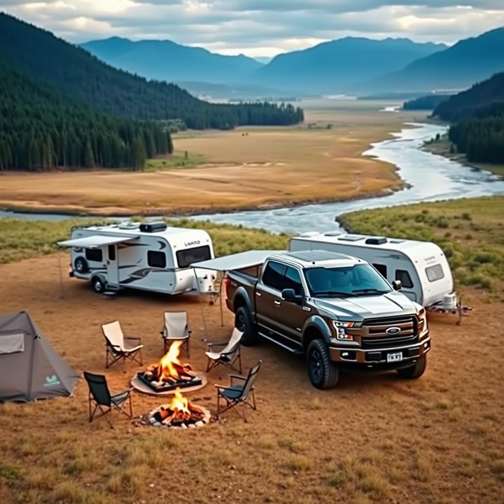 A powerful off-road Ford-type truck towing a caravan in a vast open plain, surrounded by a forest on one side and a flowing river on the other