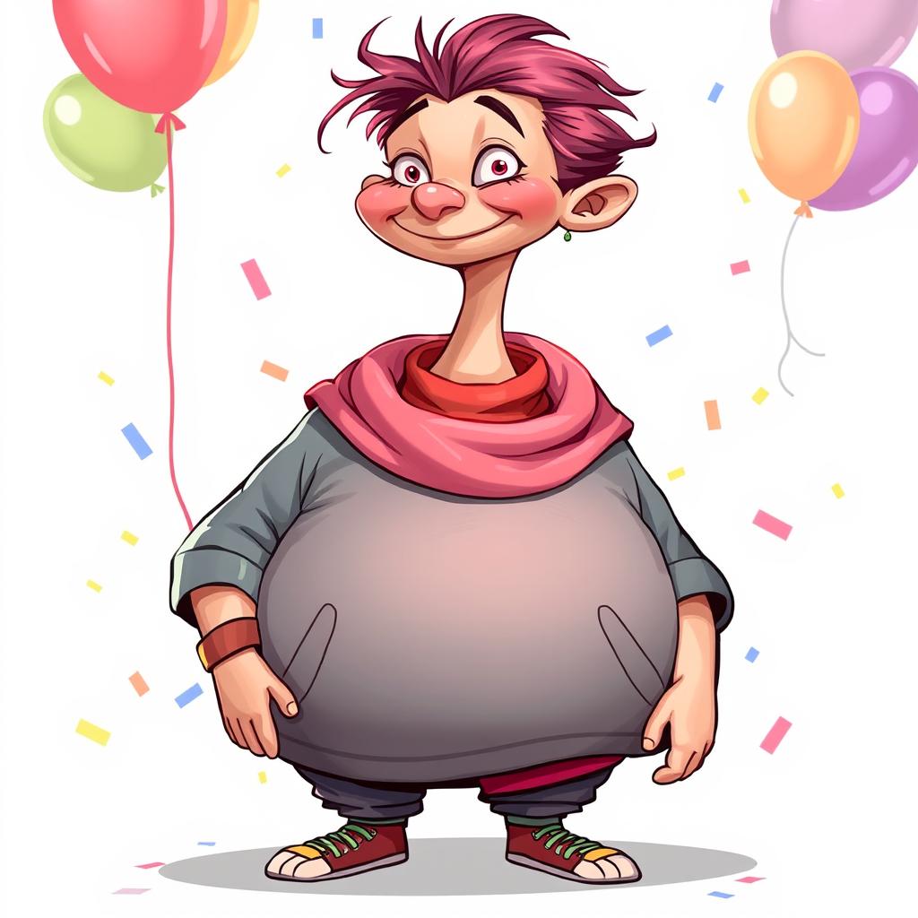 A character design featuring a thin face with an elongated neck, complemented by a very plump body