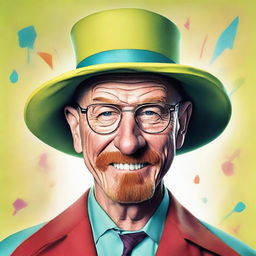 Modify Walter White's features to incorporate an exaggerated, whimsical, Dr. Seuss-style smile while maintaining his recognizable characteristics