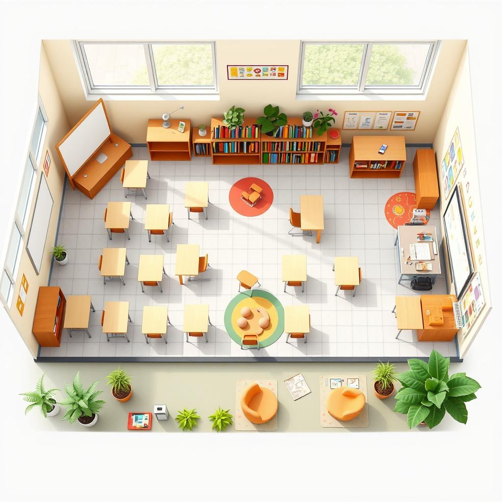 A detailed floor plan of a classroom, featuring individual desks arranged in a grid pattern, a teacher's desk at the front, a whiteboard on the front wall, and a bulletin board on the side wall