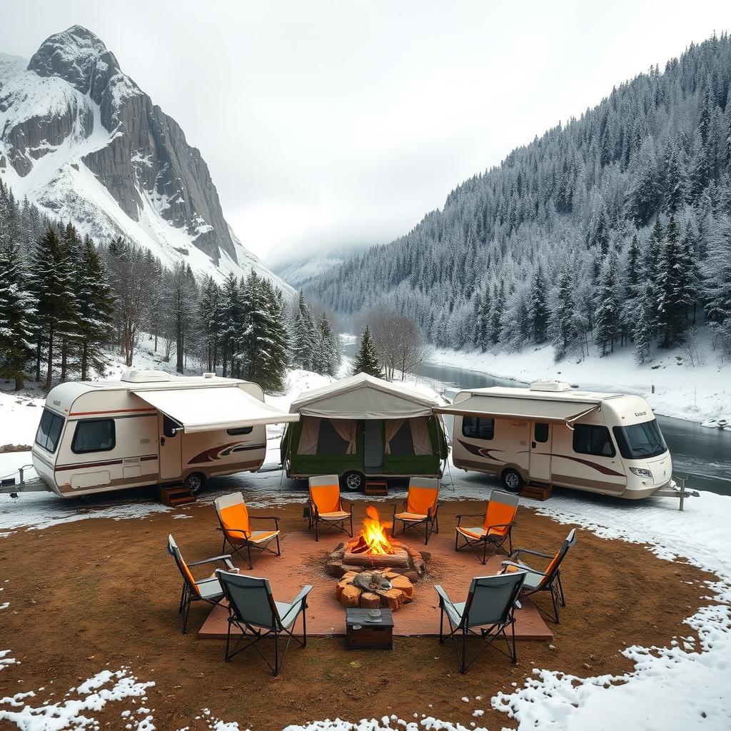 Three caravans each with one distinct tent of varying sizes, parked side by side