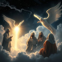 A dramatic scene depicting a night during the Ascension (Miraj) with a celestial background