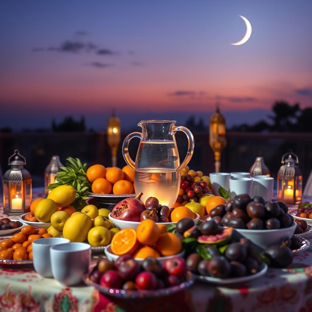 A beautifully arranged Ramadan food table featuring a variety of fresh fruits such as dates, oranges, pomegranates, and figs, with a large pitcher of water and cups