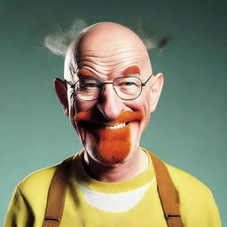 Modify Walter White's features to incorporate an exaggerated, whimsical, Dr. Seuss-style smile while maintaining his recognizable characteristics