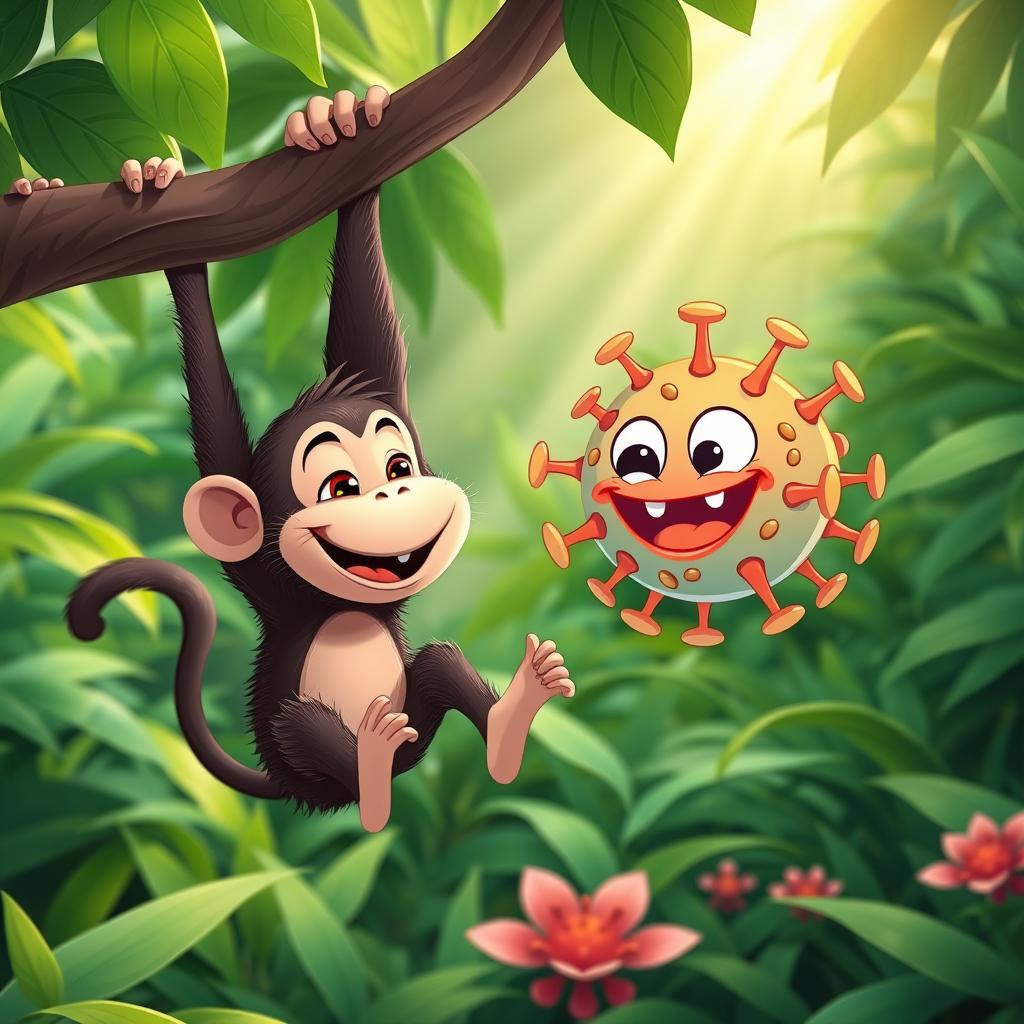 A whimsical scene featuring a playful monkey interacting with a cartoonish representation of the COVID-19 virus