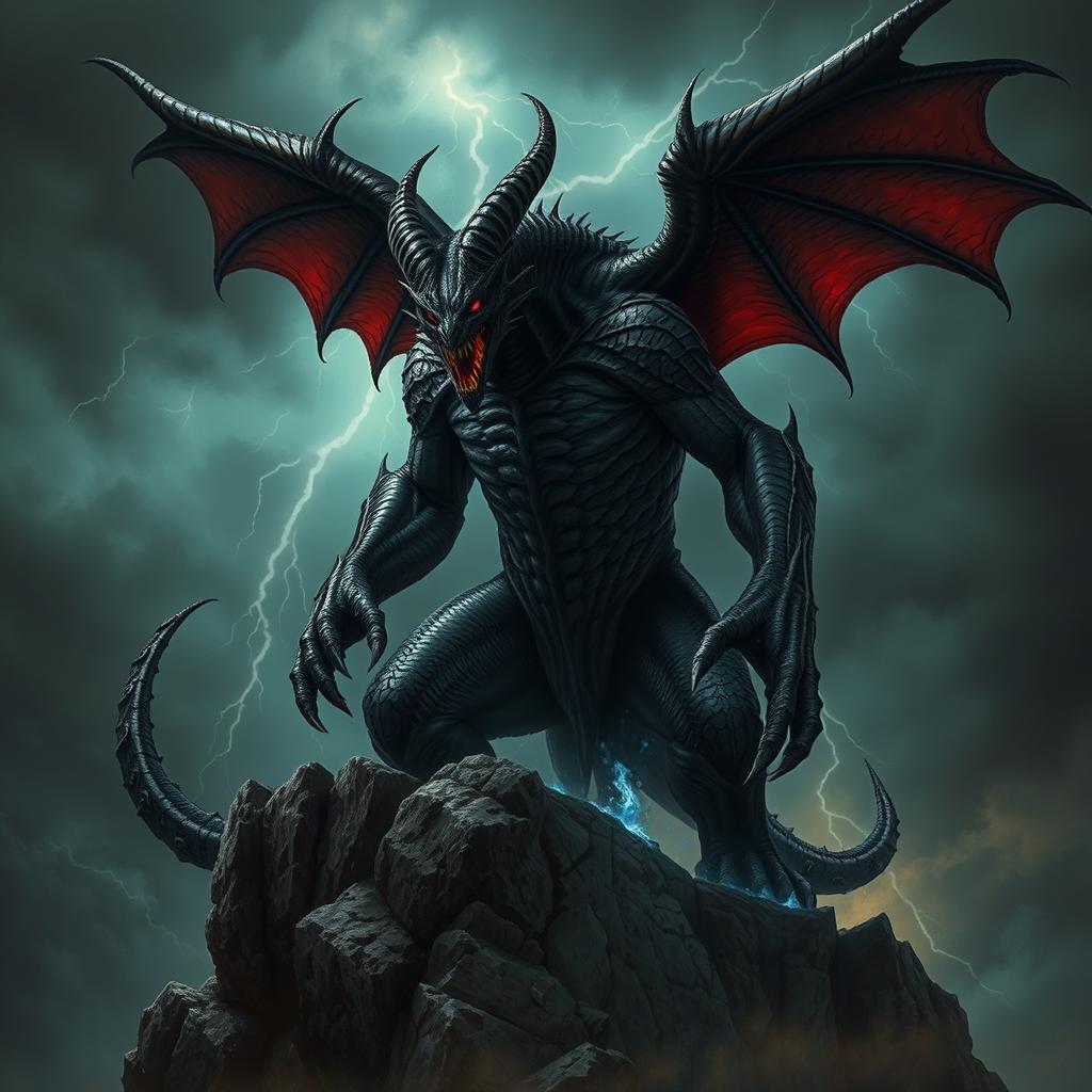 A menacing demon with glowing red eyes and sharp teeth, towering form covered in black, scaly skin with intricate, carved-like patterns, large leathery wings outstretched behind him, standing on a rocky cliff under a stormy sky filled with dark clouds and flashes of lightning