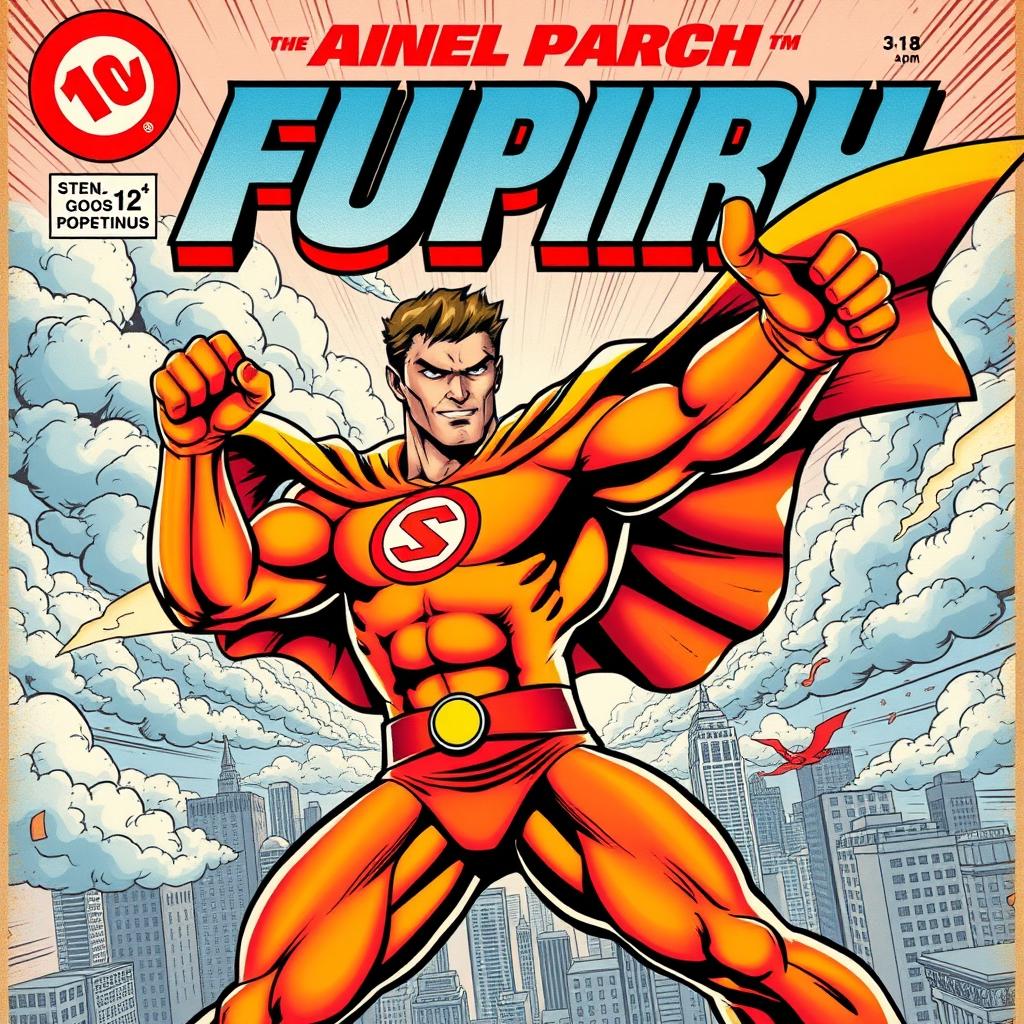 A dynamic comic book cover featuring a superhero in mid-action, striking a powerful pose