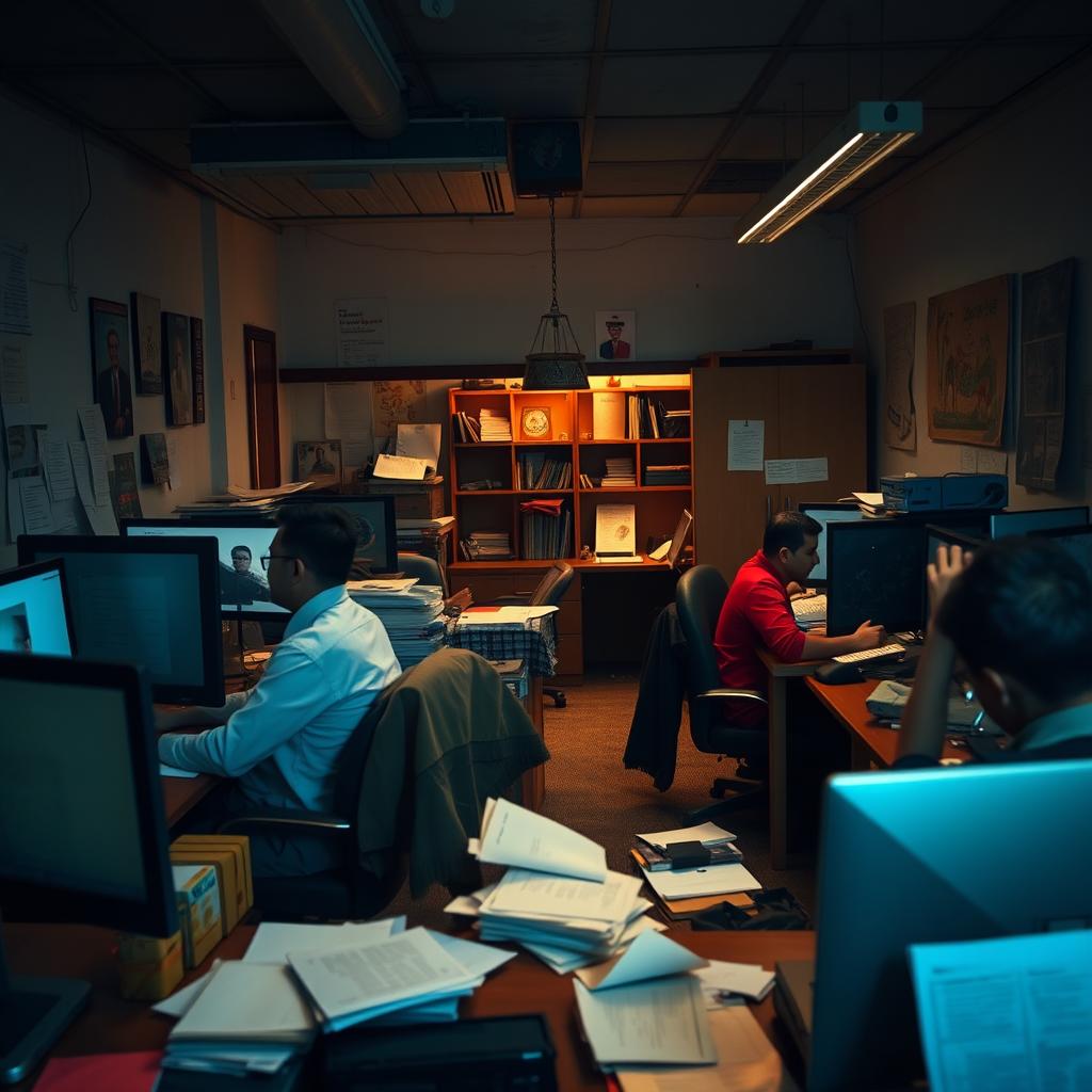 A scene depicting the atmosphere of an organization in Iran where employees are trapped under an ineffective manager, resulting in a sense of lethargy and stagnation