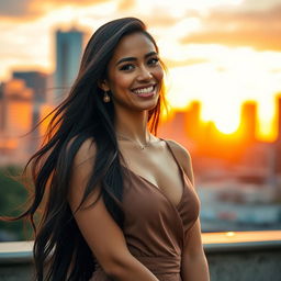 A stunning woman with long flowing hair, wearing a stylish and elegant dress, standing confidently in an urban setting during sunset