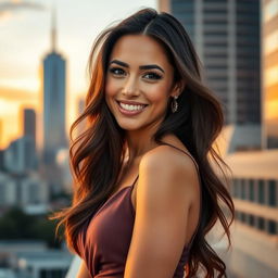 A stunning woman with long flowing hair, wearing a stylish and elegant dress, standing confidently in an urban setting during sunset