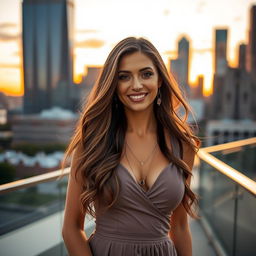 A stunning woman with long flowing hair, wearing a stylish and elegant dress, standing confidently in an urban setting during sunset