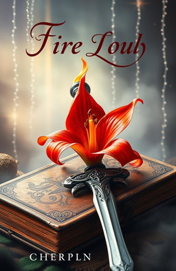 A captivating fantasy book cover featuring a vibrant fire lily in full bloom alongside an intricately designed sword resting on an ancient, weathered tome
