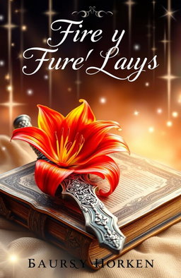 A captivating fantasy book cover featuring a vibrant fire lily in full bloom alongside an intricately designed sword resting on an ancient, weathered tome