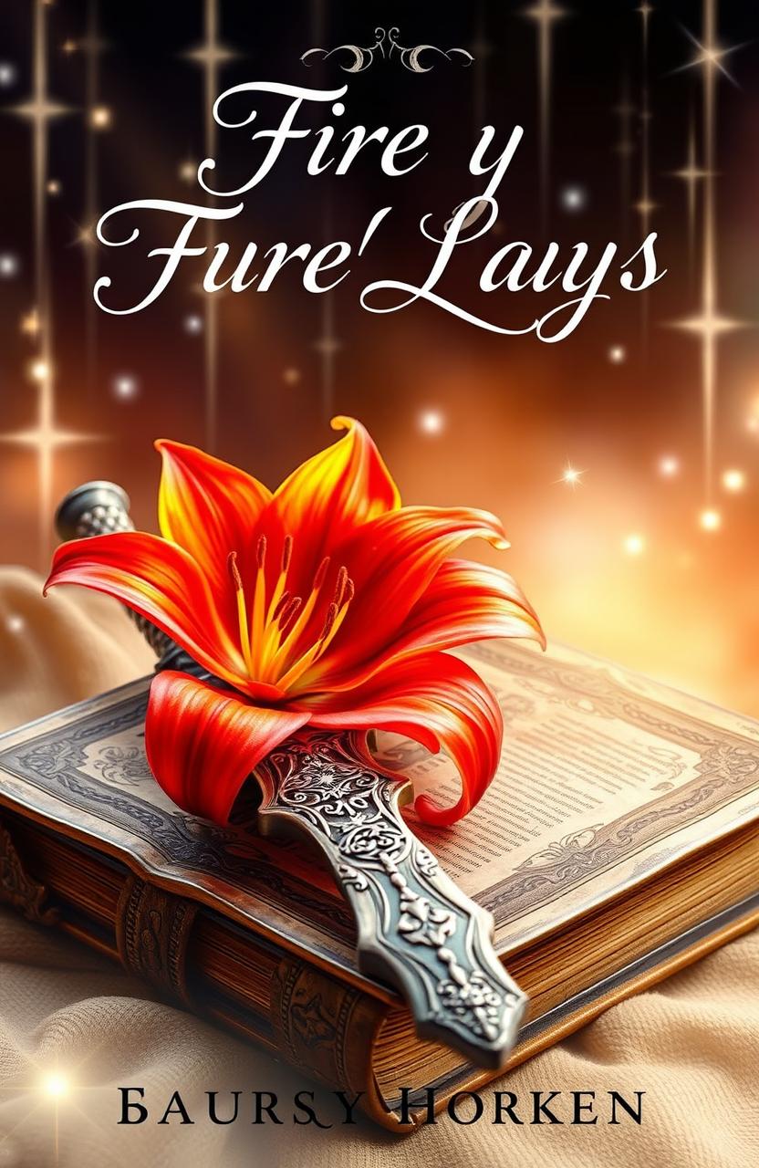A captivating fantasy book cover featuring a vibrant fire lily in full bloom alongside an intricately designed sword resting on an ancient, weathered tome