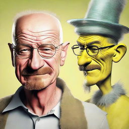 Modify Walter White's features to incorporate an exaggerated, whimsical, Dr. Seuss-style smile while maintaining his recognizable characteristics