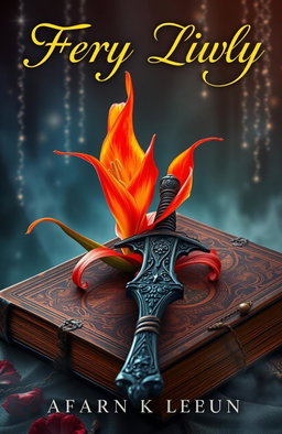 A captivating fantasy book cover featuring a vibrant fire lily in full bloom alongside an intricately designed sword resting on an ancient, weathered tome