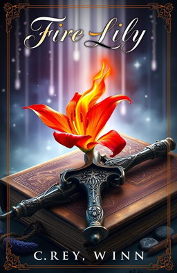 A captivating fantasy book cover featuring a vibrant fire lily in full bloom alongside an intricately designed sword resting on an ancient, weathered tome