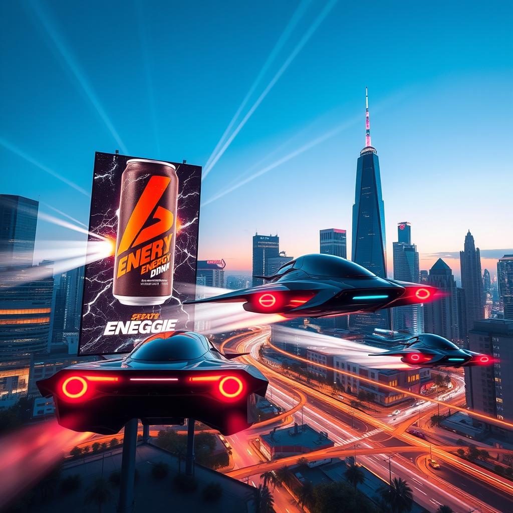 A futuristic scene featuring sleek flying cars zooming through a vibrant urban skyline