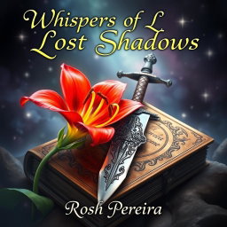 A captivating fantasy book cover for 'Whispers of Lost Shadows' by Rosh Pereira, featuring a vibrant fire lily in full bloom gracefully positioned next to an intricately designed sword resting on an ancient, weathered tome