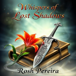 A captivating fantasy book cover for 'Whispers of Lost Shadows' by Rosh Pereira, featuring a vibrant fire lily in full bloom gracefully positioned next to an intricately designed sword resting on an ancient, weathered tome