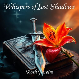 A captivating fantasy book cover for 'Whispers of Lost Shadows' by Rosh Pereira, featuring a vibrant fire lily in full bloom gracefully positioned next to an intricately designed sword resting on an ancient, weathered tome
