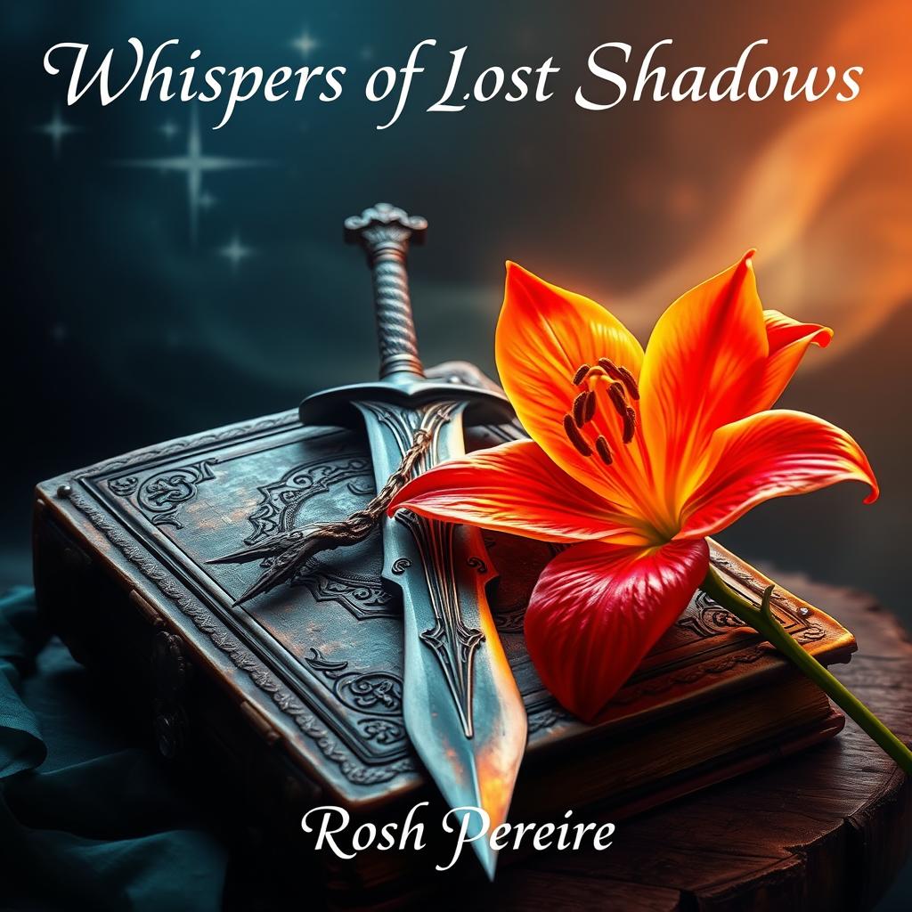 A captivating fantasy book cover for 'Whispers of Lost Shadows' by Rosh Pereira, featuring a vibrant fire lily in full bloom gracefully positioned next to an intricately designed sword resting on an ancient, weathered tome