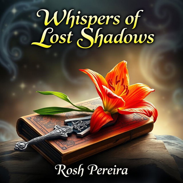 A captivating fantasy book cover for 'Whispers of Lost Shadows' by Rosh Pereira, featuring a vibrant fire lily in full bloom gracefully positioned next to an intricately designed sword resting on an ancient, weathered tome