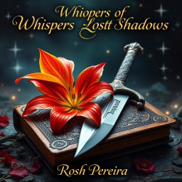 A stunning fantasy book cover for 'Whispers of Lost Shadows' by Rosh Pereira, featuring a vibrant fire lily in full bloom elegantly positioned next to a beautifully crafted sword resting atop an ancient, weathered tome