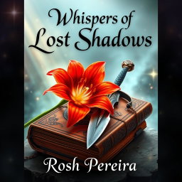 A stunning fantasy book cover for 'Whispers of Lost Shadows' by Rosh Pereira, featuring a vibrant fire lily in full bloom elegantly positioned next to a beautifully crafted sword resting atop an ancient, weathered tome