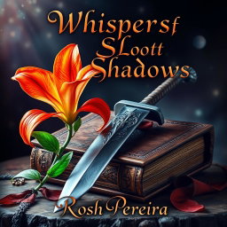 A stunning fantasy book cover for 'Whispers of Lost Shadows' by Rosh Pereira, featuring a vibrant fire lily in full bloom elegantly positioned next to a beautifully crafted sword resting atop an ancient, weathered tome