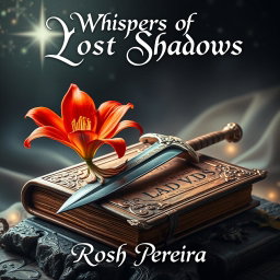A stunning fantasy book cover for 'Whispers of Lost Shadows' by Rosh Pereira, featuring a vibrant fire lily in full bloom elegantly positioned next to a beautifully crafted sword resting atop an ancient, weathered tome