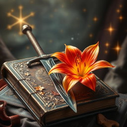 A stunning fantasy book cover featuring a vibrant fire lily in full bloom elegantly positioned next to an intricately designed sword resting on an ancient, weathered tome