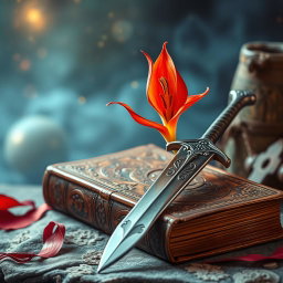 A stunning fantasy book cover featuring a vibrant fire lily in full bloom elegantly positioned next to an intricately designed sword resting on an ancient, weathered tome