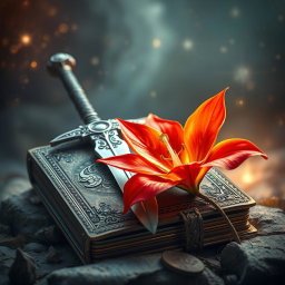 A stunning fantasy book cover featuring a vibrant fire lily in full bloom elegantly positioned next to an intricately designed sword resting on an ancient, weathered tome