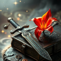 A stunning fantasy book cover featuring a vibrant fire lily in full bloom elegantly positioned next to an intricately designed sword resting on an ancient, weathered tome