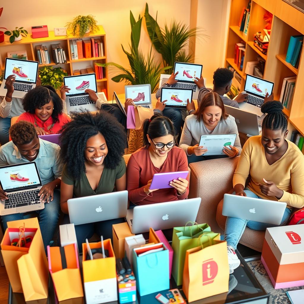 A vibrant and exciting scene of online shopping, featuring a diverse group of people sitting comfortably at their desks with laptops and tablets, surrounded by colorful shopping bags and packages