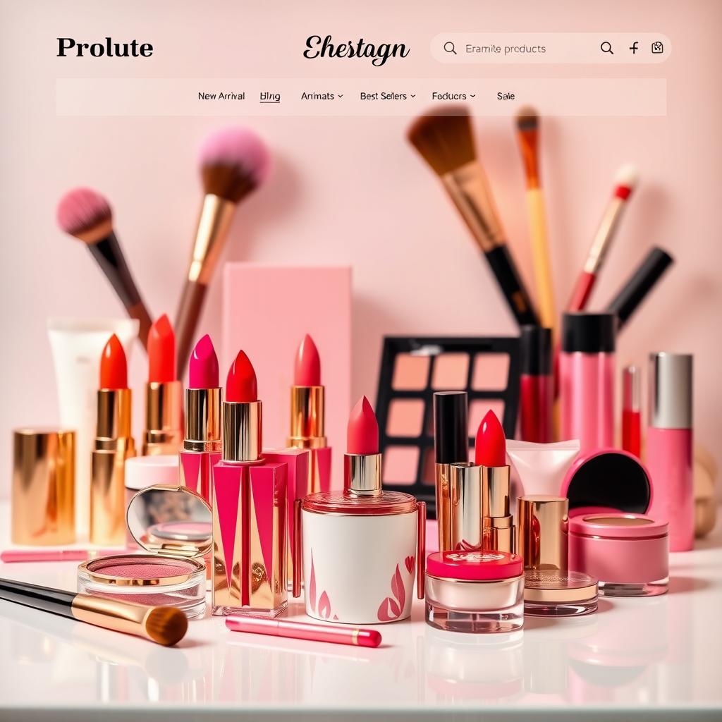 A vibrant and engaging online cosmetics shop layout, showcasing a variety of high-quality beauty products