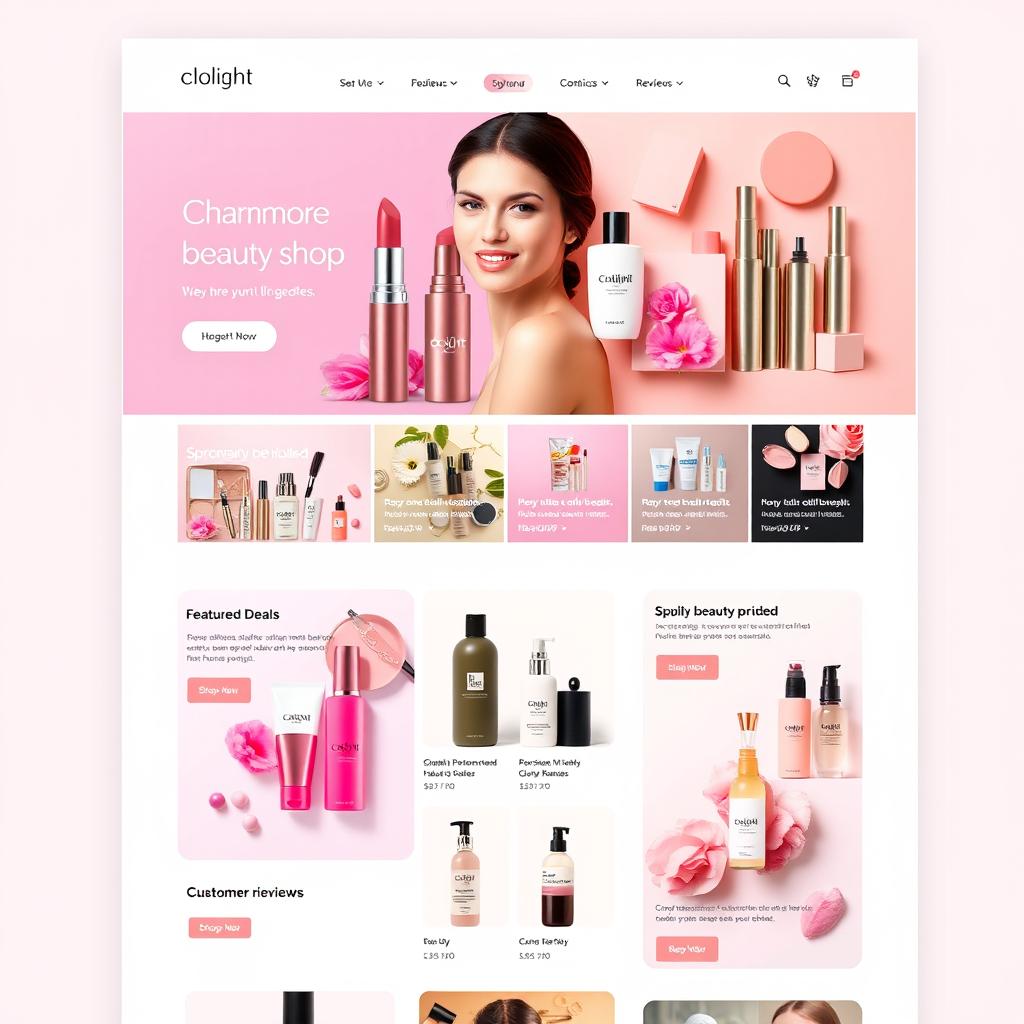 A beautifully arranged online beauty shop website interface, showcasing a variety of beauty products including skincare, makeup, and haircare items