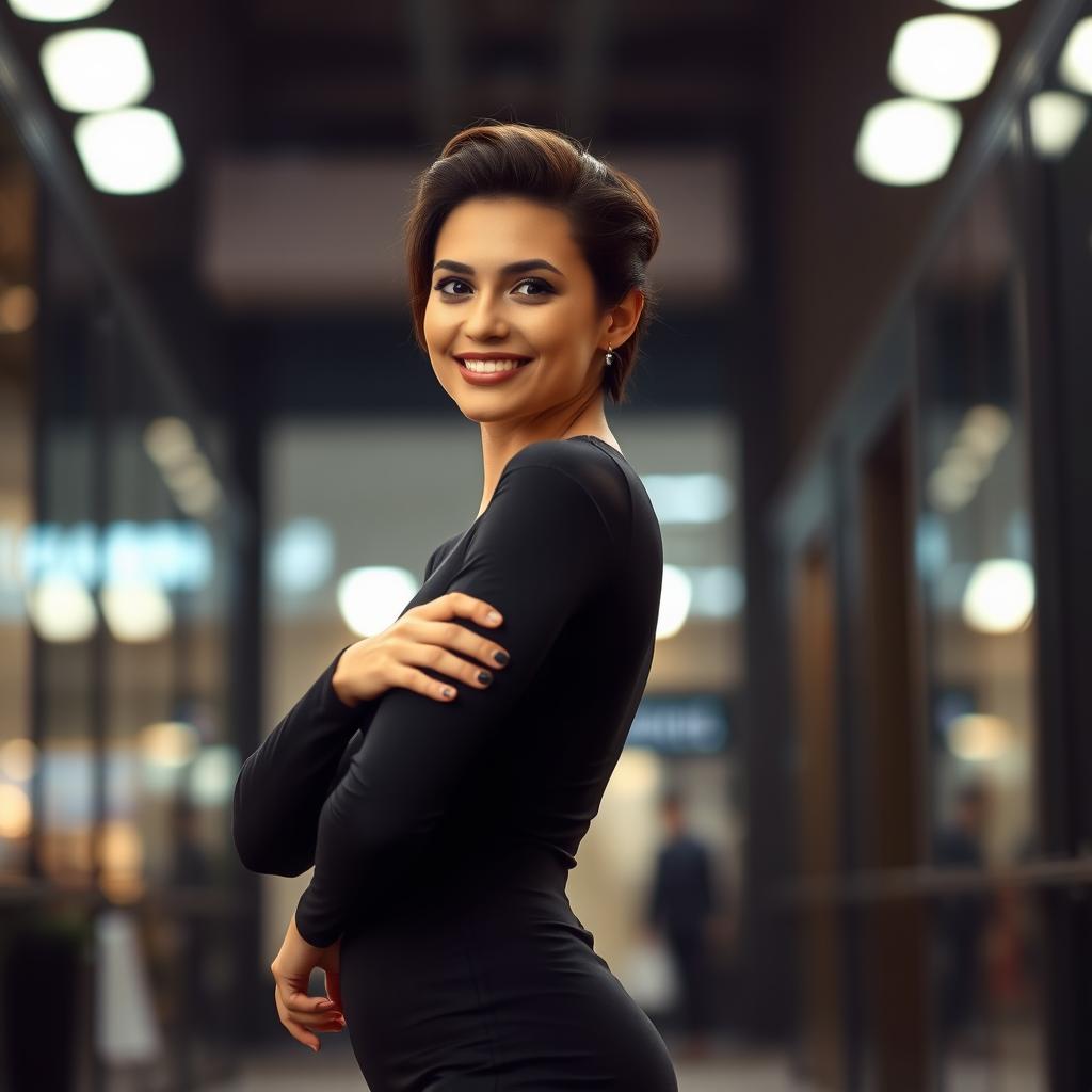 A stylish portrait of a confident person in a fitted black outfit that accentuates their figure, standing in a dynamic pose that highlights their slim silhouette