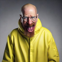 Adapt Walter White's expression to feature an exaggerated wide grin inspired by the whimsical characters of Dr. Seuss, maintaining his hazmat suit and overall look