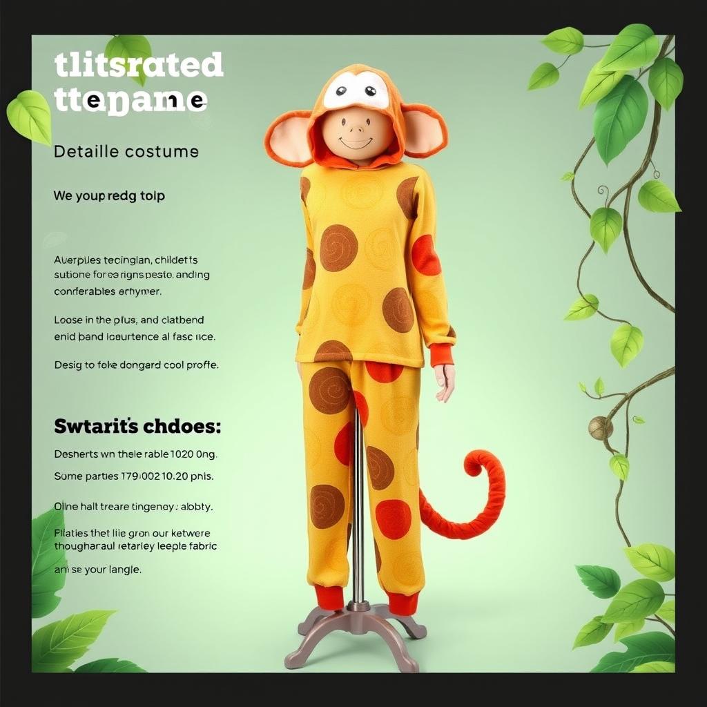 A detailed template of a monkey costume designed for a dress form size 38, showcasing the outfit in vibrant colors and playful patterns