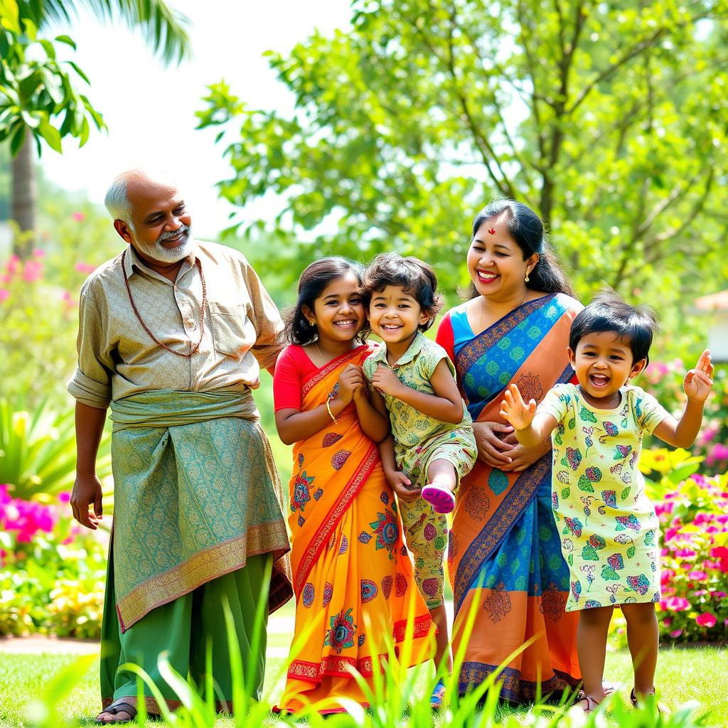 A joyful Sri Lankan family enjoying a sunny day outdoors, showcasing a vibrant garden setting