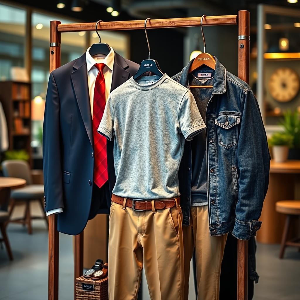 A stylish display of men's clothing featuring a variety of outfits including a tailored navy blue suit with a crisp white dress shirt and a vibrant red tie, casual wear consisting of a fitted grey t-shirt paired with khaki chinos, and a trendy denim jacket