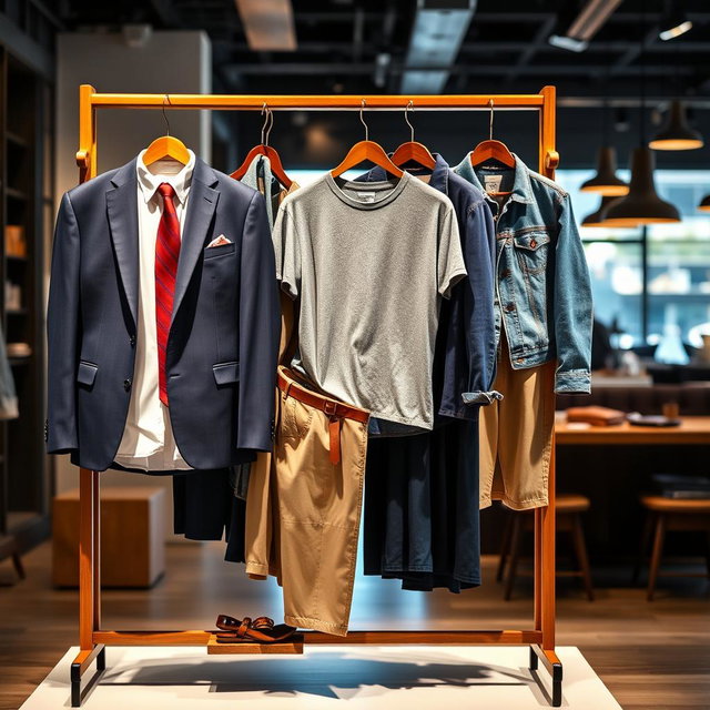 A stylish display of men's clothing featuring a variety of outfits including a tailored navy blue suit with a crisp white dress shirt and a vibrant red tie, casual wear consisting of a fitted grey t-shirt paired with khaki chinos, and a trendy denim jacket