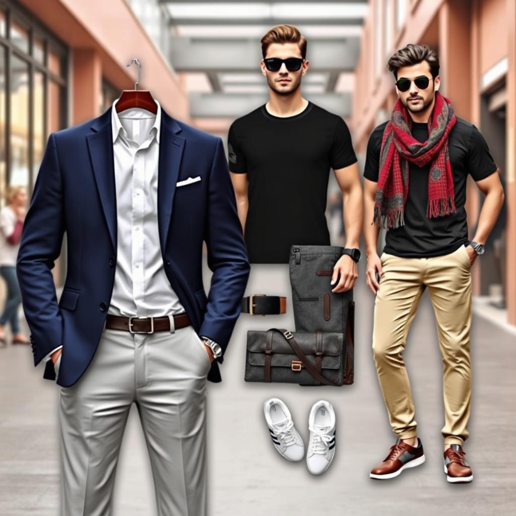 A stylish display of men's clothing, featuring a variety of outfits including a tailored navy blazer, a crisp white dress shirt, and light grey trousers